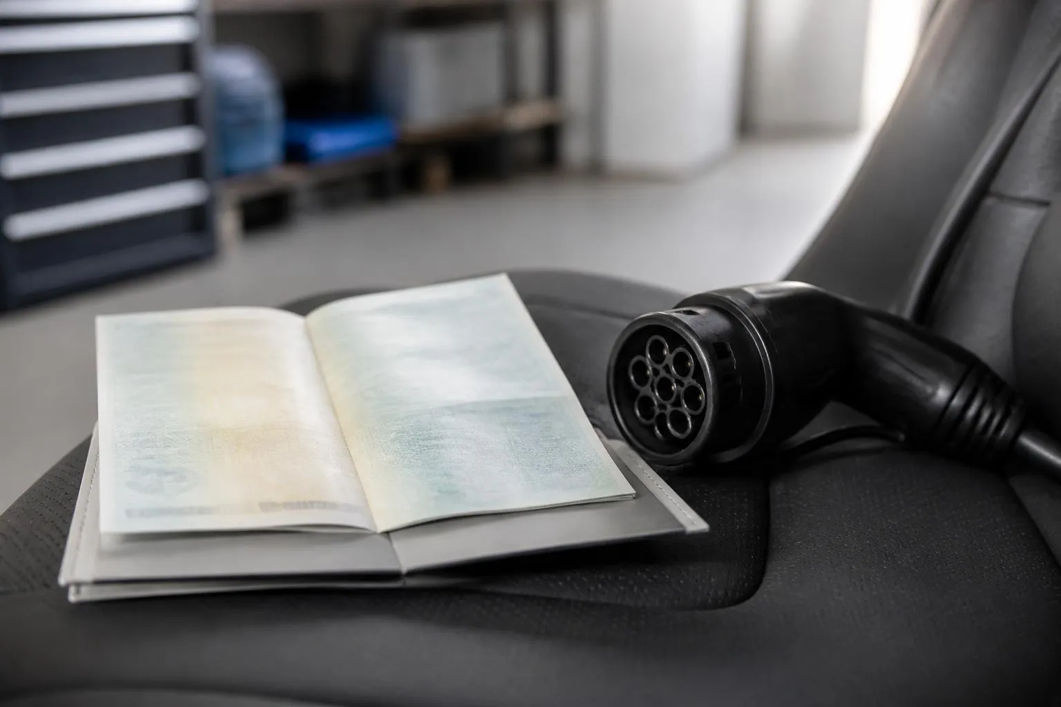 Carte grise dépliée sur un carnet de bord, à côté d'une prise de recharge type 2 posée sur le siège