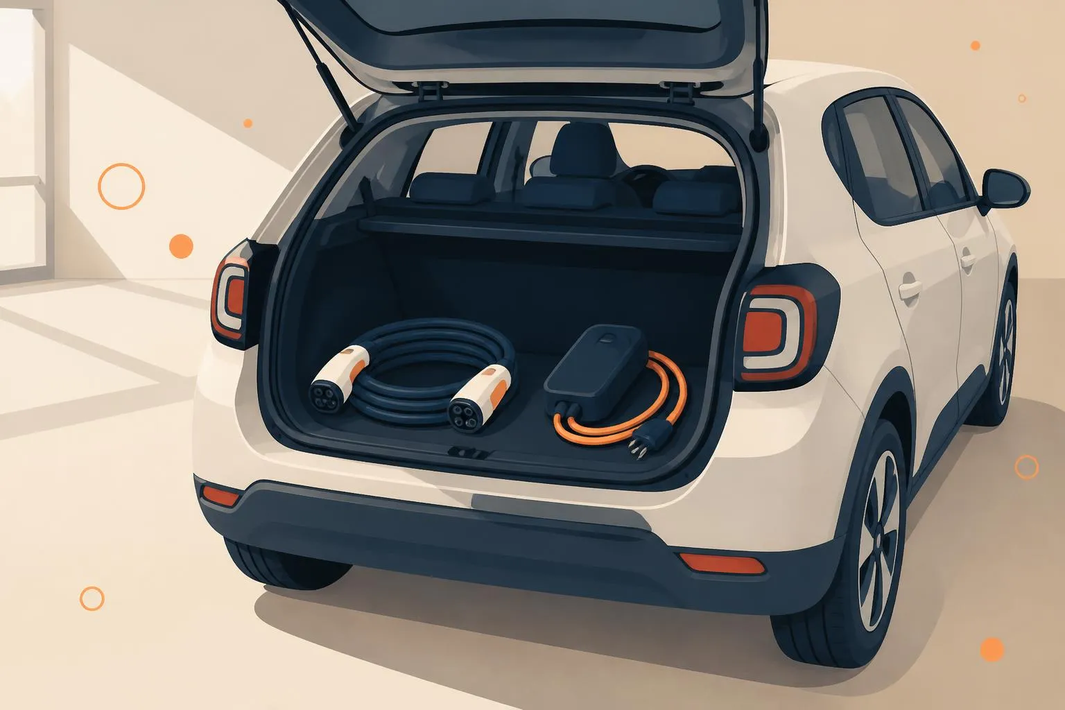 Câble de recharge type 2 enroulé dans le coffre ouvert d'une voiture, à côté du boîtier d'un cordon pour prise domestique