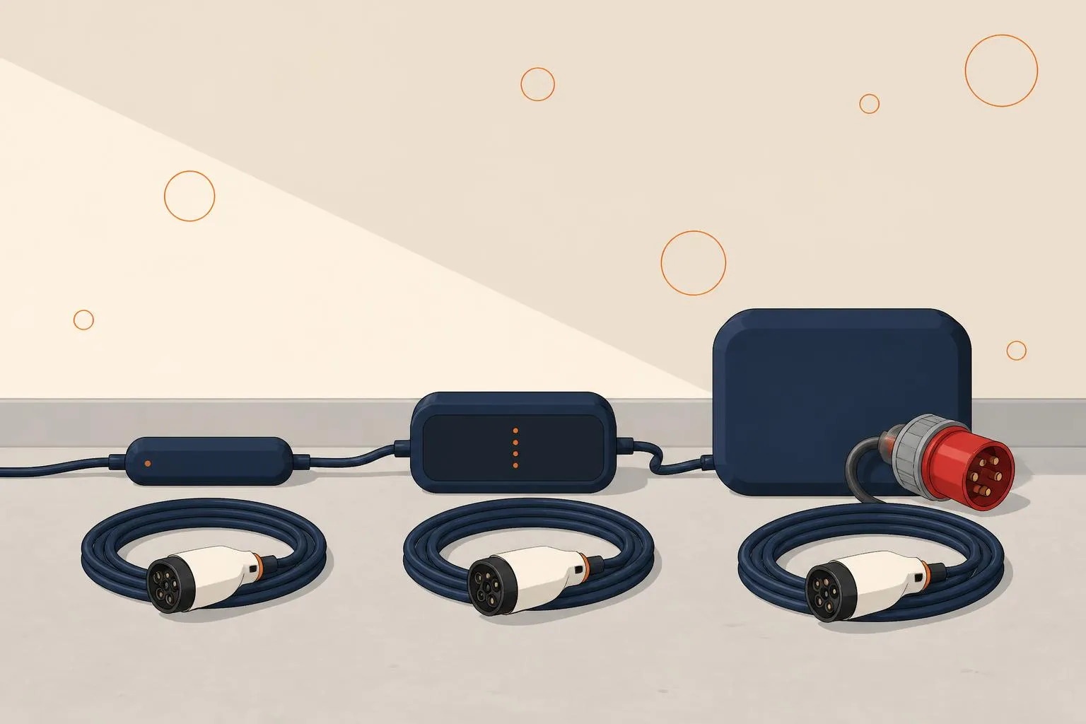 Trois boîtiers de recharge mode 2 posés côte à côte au sol dans un garage, câbles type 2 enroulés et embout CEE rouge