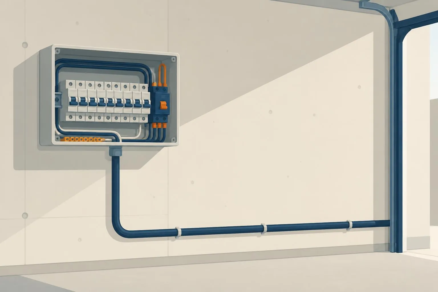 Tableau électrique ouvert dans un garage, avec un disjoncteur différentiel isolé et un câble de forte section partant vers la borne