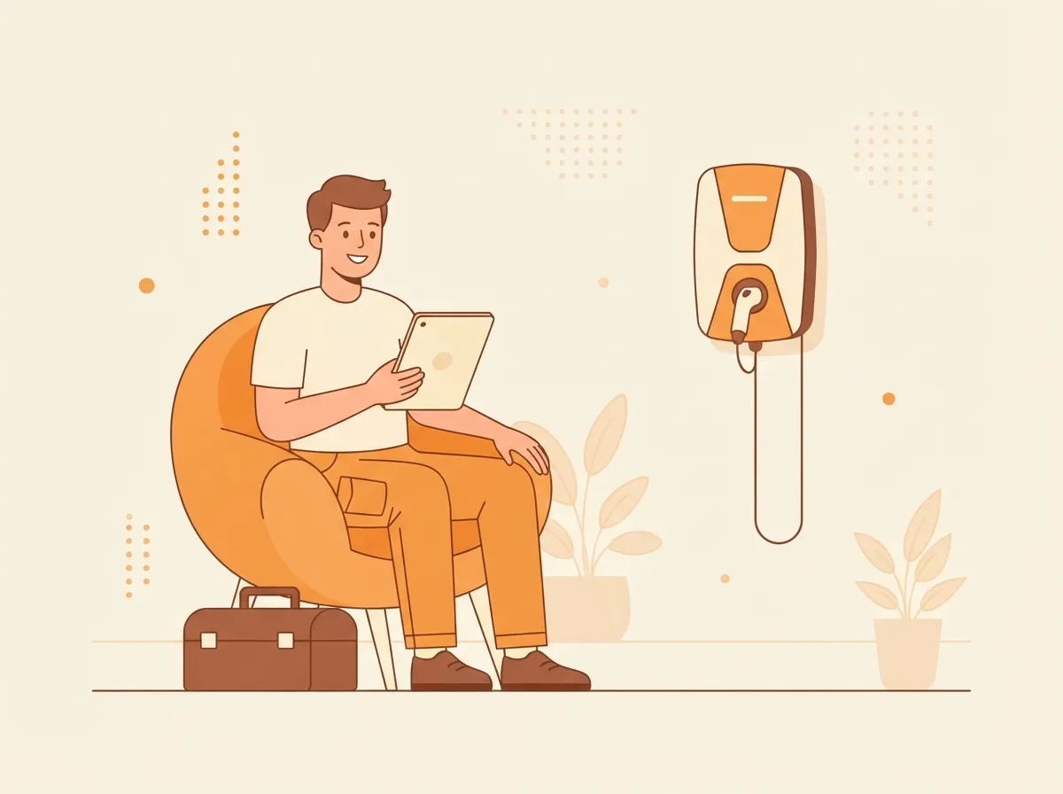 Illustration : un électricien assis dans un fauteuil orange à côté d'une borne murale