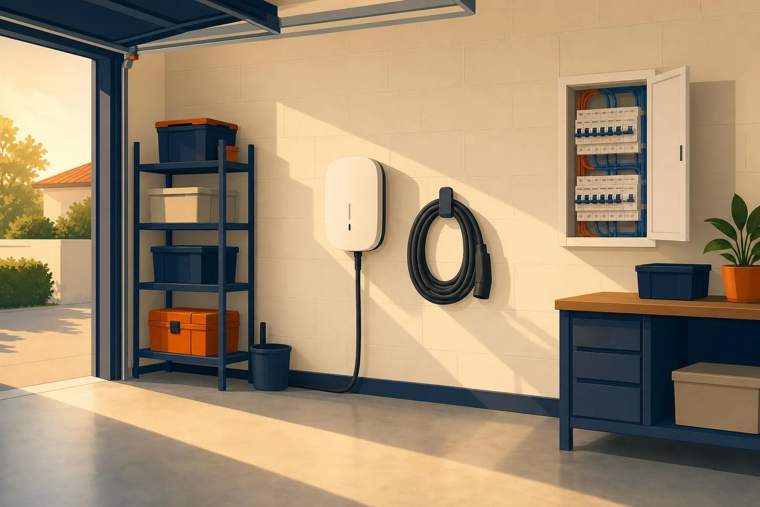 Wallbox murale blanche dans un garage, câble de recharge enroulé sur son support et tableau électrique ouvert