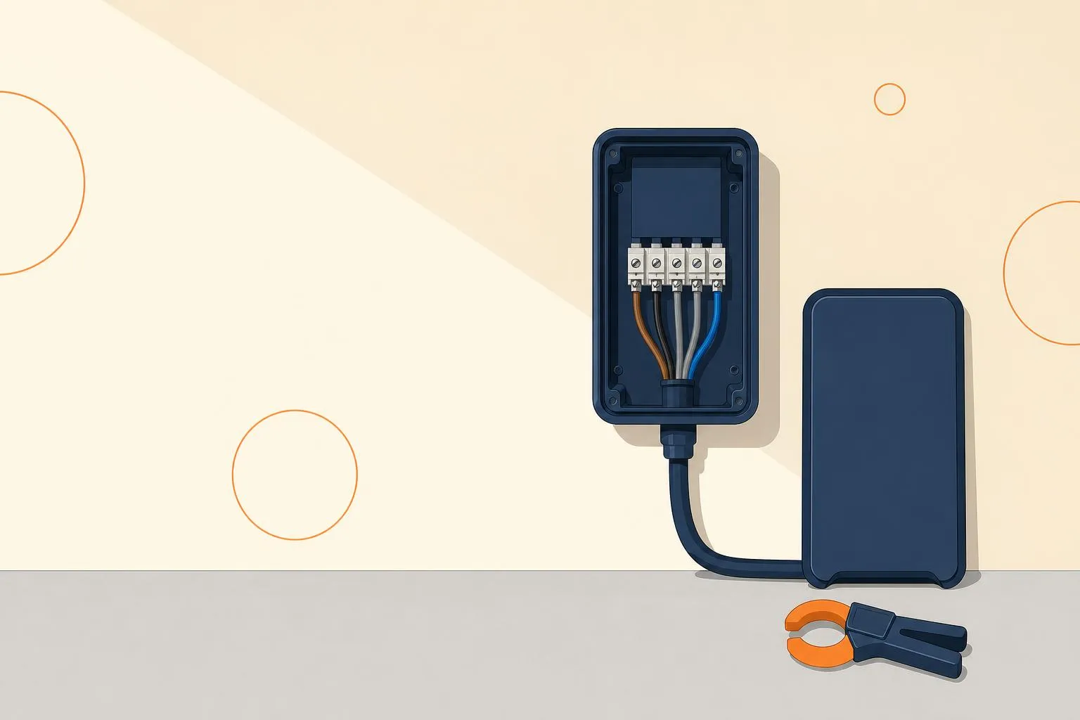 Borne de recharge murale ouverte, bornier de raccordement et câbles de phase apparents