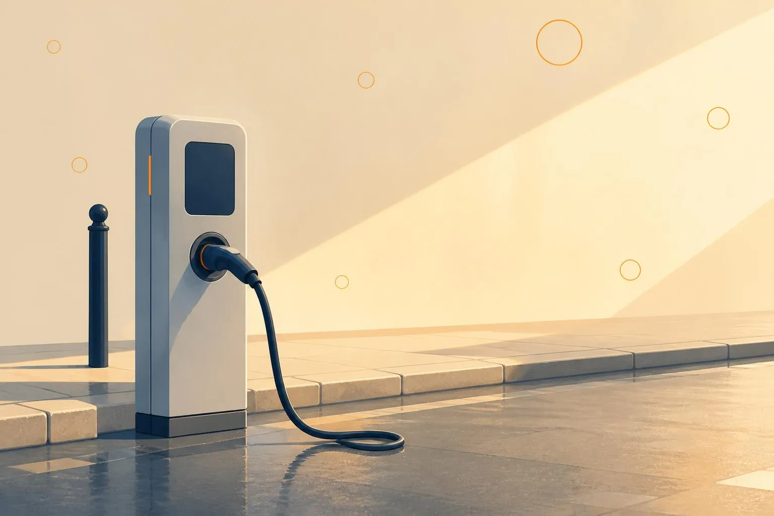 Borne de recharge publique en bord de trottoir, câble type 2 branché sur sa prise